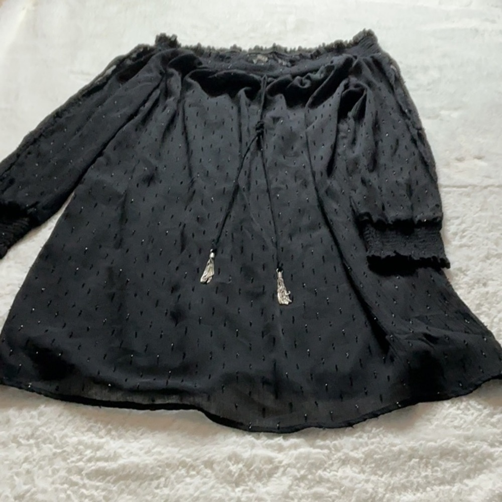 Zara Black Swiss Dot Off-the-Shoulder Blouse with Tassels - Picture 2 of 11